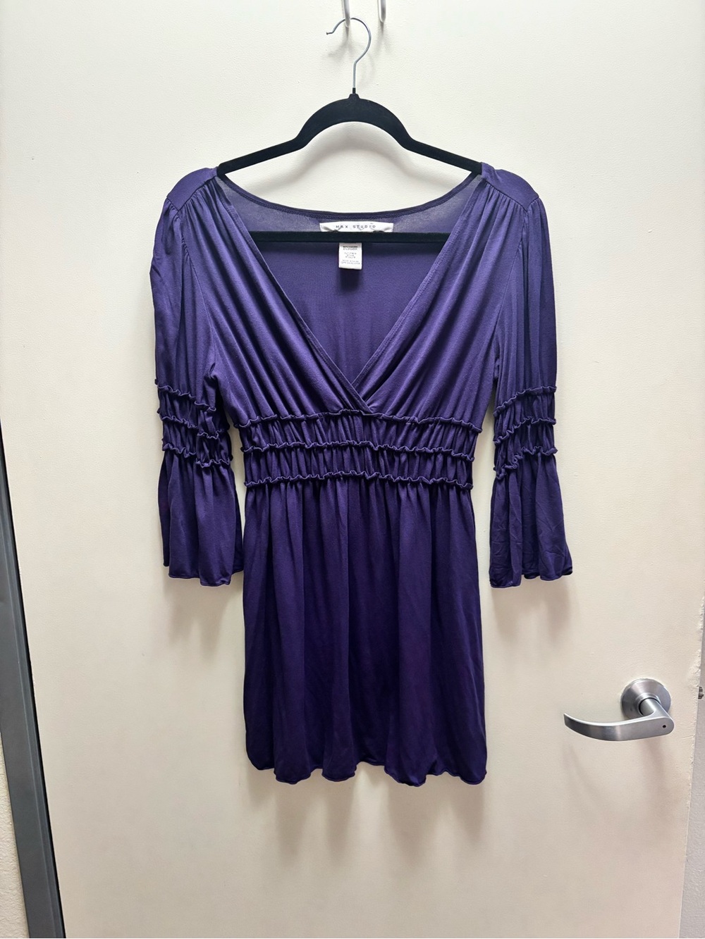Max Studio Purple Boho V-Neck Smocked Waist Long Sleeve Dress